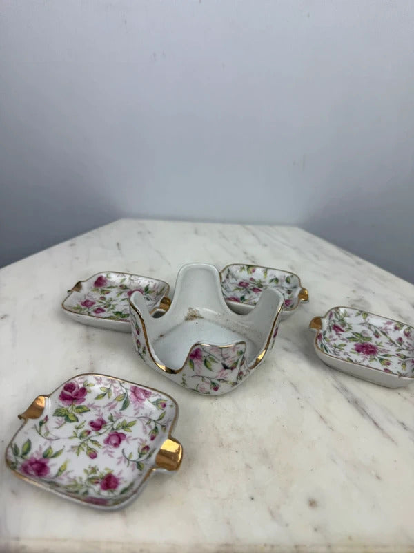 Vintage Lefton China Pink Rose Chintz Ashtray Set Gold Trim Japan