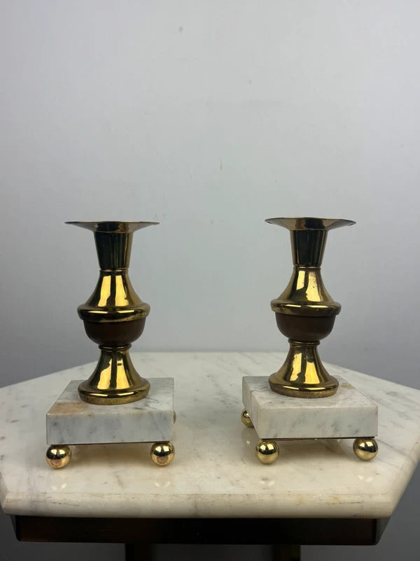 Vintage Brass Candlestick Holders Pair Marble Base Ball Feet Wood Accent