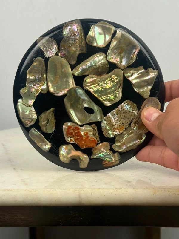 Vintage Resin Trivet with Abalone Shell Inlay Black Round Coastal Decor