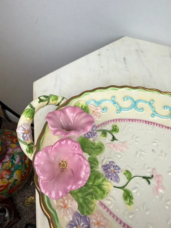 Vintage Avon Ceramic Floral Duck Tray Pink Flowers Gold Trim