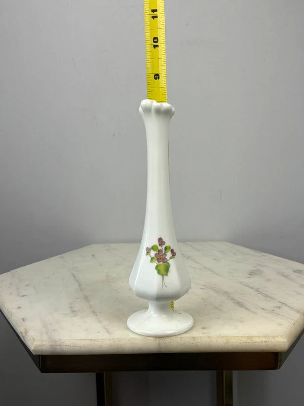 fenton Vintage White Milk Glass Bud Vase Purple Violets Floral Pedestal Vase