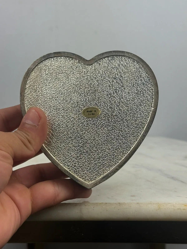 Vintage Heart Shaped Metal Trinket Box Gold Bow Jewelry Box