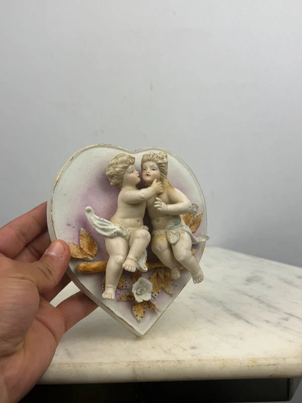 Antique Bisque Porcelain Heart Dish Cherubs Putti Figural Gilt Trim 7258 Mark