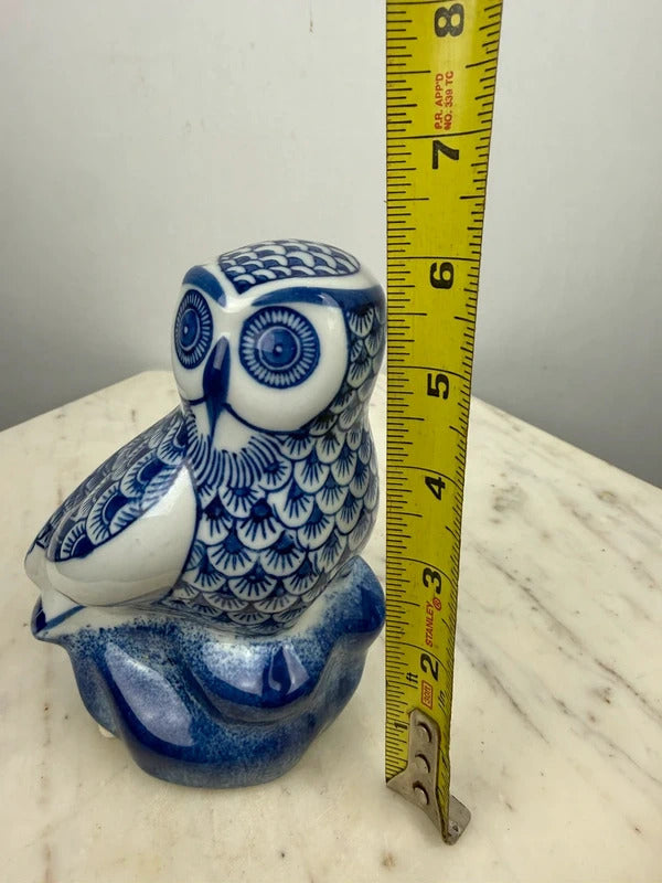 Vintage Blue & White Porcelain Owl Figurine Chinoiserie Decor