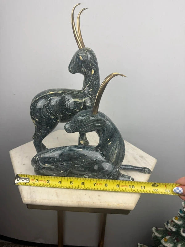 post modern Pair of Marbled Gazelle / Antelope Figurines - Brass Horns
