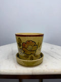 Vintage Floral Ceramic Planter with Saucer Retro Green Brown Pot speckled