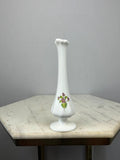 fenton Vintage White Milk Glass Bud Vase Purple Violets Floral Pedestal Vase