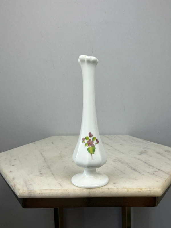 fenton Vintage White Milk Glass Bud Vase Purple Violets Floral Pedestal Vase