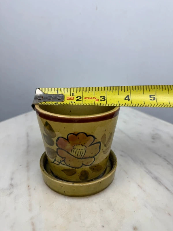 Vintage Floral Ceramic Planter with Saucer Retro Green Brown Pot speckled