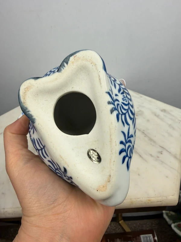 Vintage Blue & White Ceramic Owl Figurine Chinoiserie Style Decor