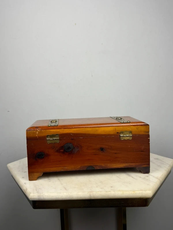 Vintage Wood Jewelry Box Brass Hardware Mini Chest 10.5”