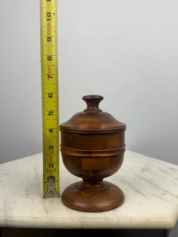 Vintage Wood Marquetry Lidded Compass/Urn Jar Pedestal Base