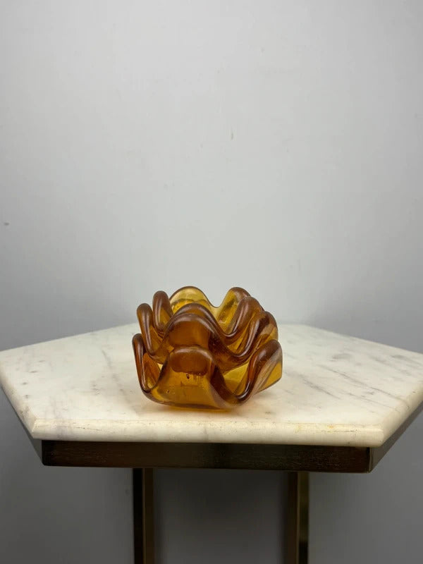 Vintage Amber Glass Nesting Ashtrays Set of 3 MCM Ruffled Petal Dishes