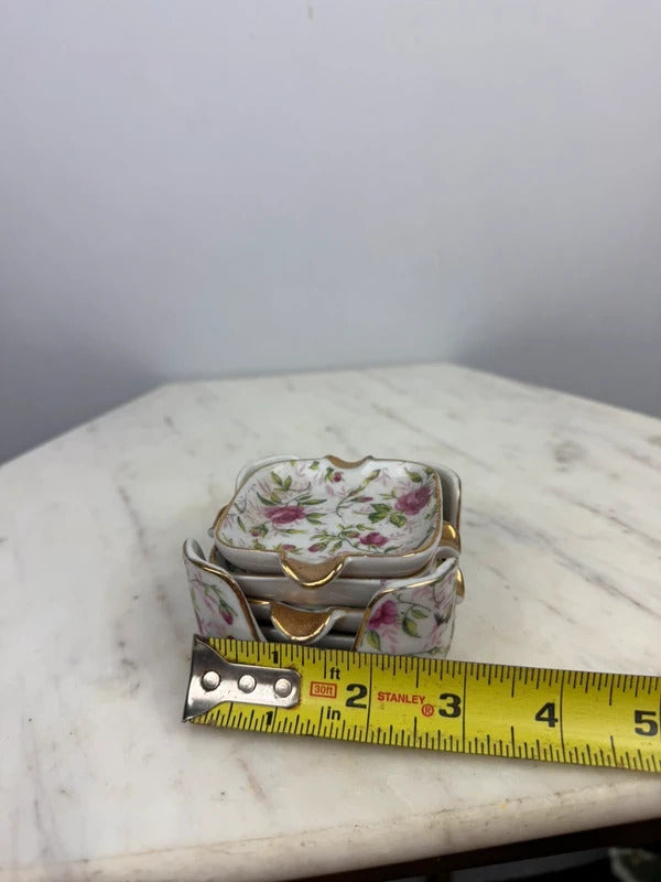 Vintage Lefton China Pink Rose Chintz Ashtray Set Gold Trim Japan