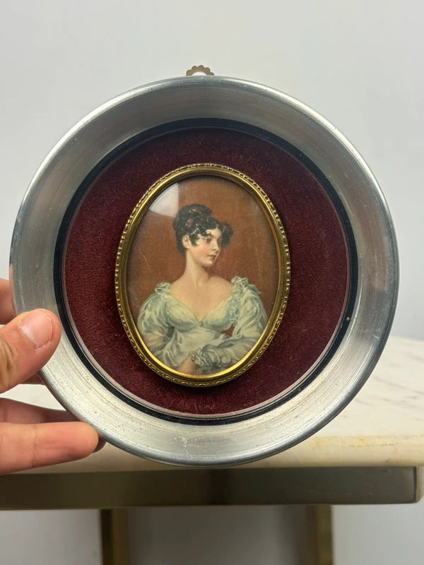 Pair Framed Victorian Lady Portrait Miniatures Round Silver Tone Frames