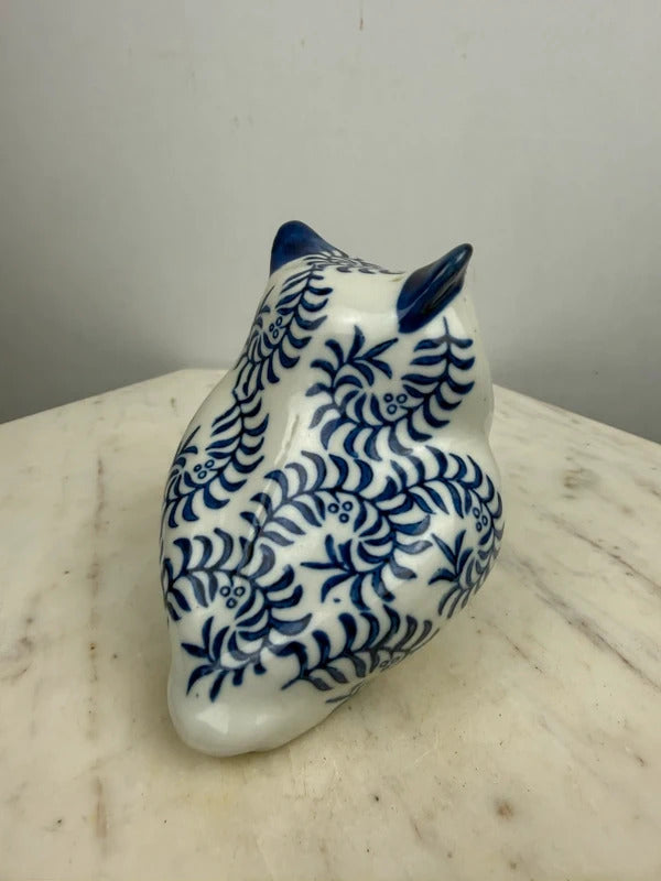 Vintage Blue & White Ceramic Owl Figurine Chinoiserie Style Decor