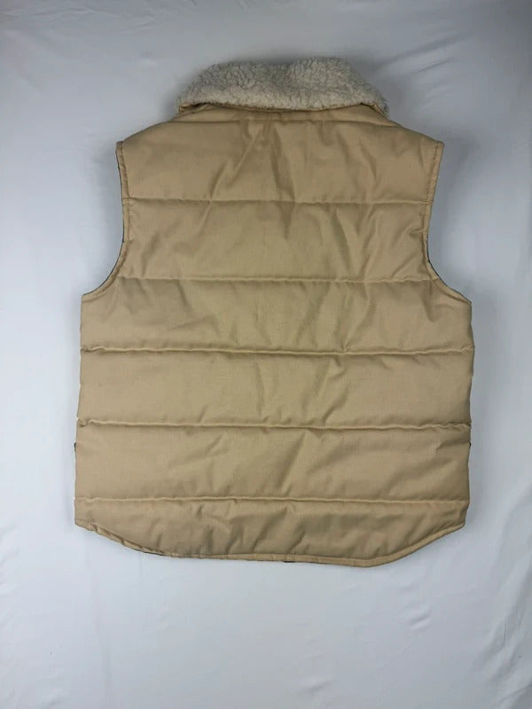 Vintage Tan Puffer Vest Sherpa Collar Navy Blue Lined Snap Front 1980s