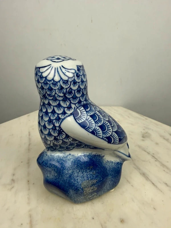 Vintage Blue & White Porcelain Owl Figurine Chinoiserie Decor