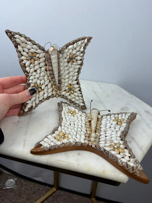 Vintage Seashell Butterfly Wall Decor Pair Shell Art Coastal Boho