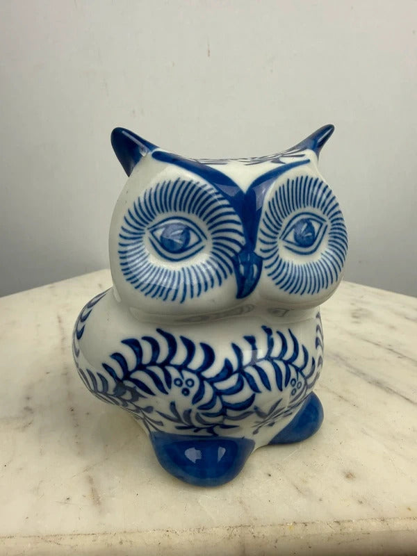 Vintage Blue & White Ceramic Owl Figurine Chinoiserie Style Decor