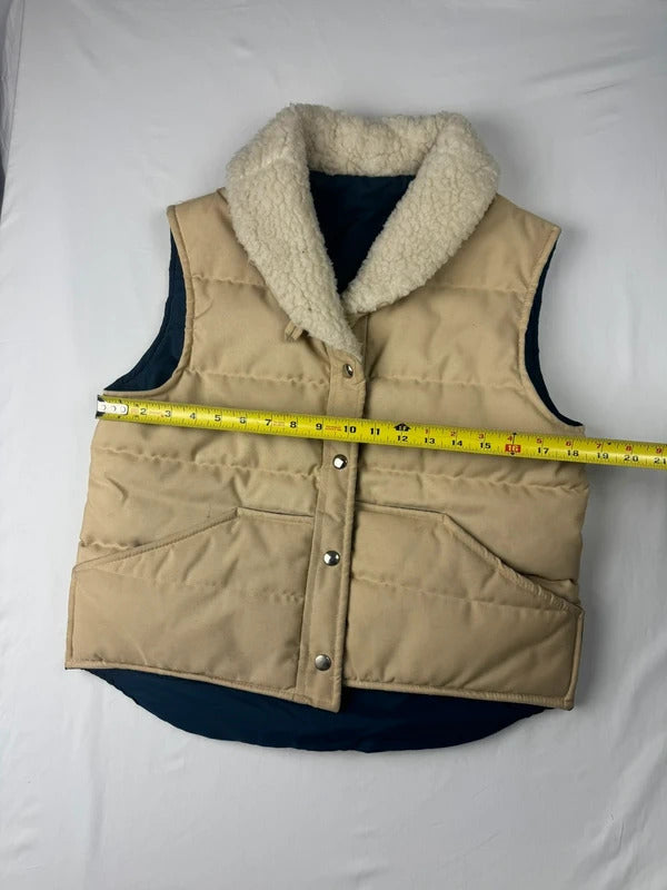 Vintage Tan Puffer Vest Sherpa Collar Navy Blue Lined Snap Front 1980s