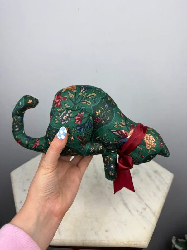 Vintage Floral Fabric Stuffed Anteater Animal Red Bow Decor