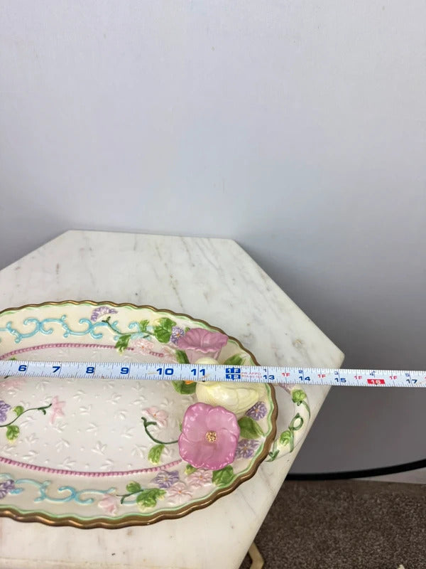 Vintage Avon Ceramic Floral Duck Tray Pink Flowers Gold Trim