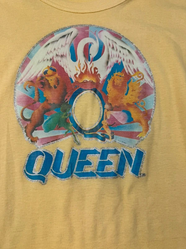 Vintage 1990s Queen Band T-Shirt Yellow Freddie Mercury Crest Graphic Size L