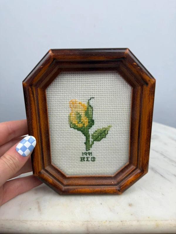Vintage 1991 Cross Stitch Yellow Rose Bud Framed Octagon Wood Frame Cottagecore