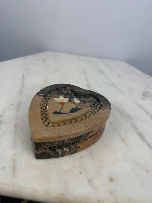Carved Soapstone Heart Box - Pietra Dura Floral Inlay - India