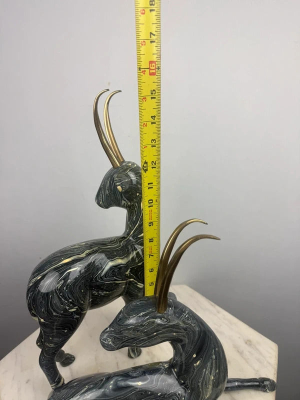 post modern Pair of Marbled Gazelle / Antelope Figurines - Brass Horns