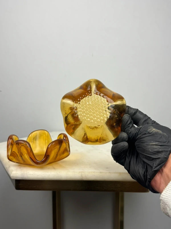 Vintage Amber Glass Nesting Ashtrays Set of 3 MCM Ruffled Petal Dishes