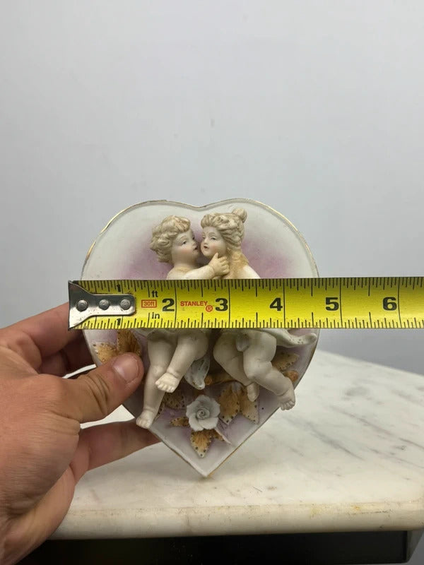 Antique Bisque Porcelain Heart Dish Cherubs Putti Figural Gilt Trim 7258 Mark