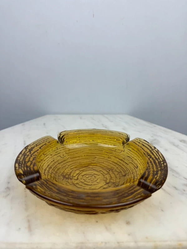 Vintage Amber Glass Ashtray Textured Mid Century Modern