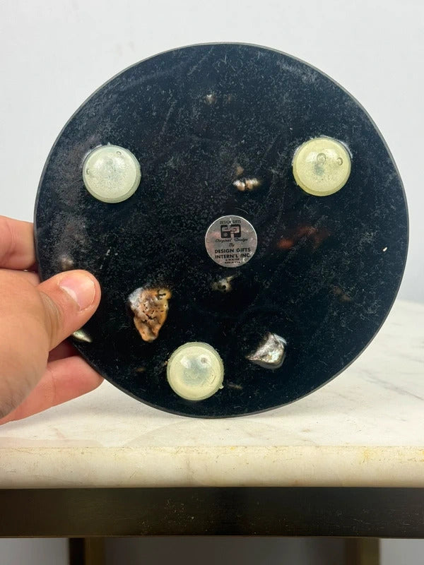 Vintage Resin Trivet with Abalone Shell Inlay Black Round Coastal Decor