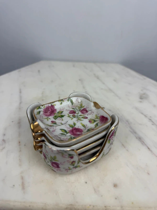 Vintage Lefton China Pink Rose Chintz Ashtray Set Gold Trim Japan