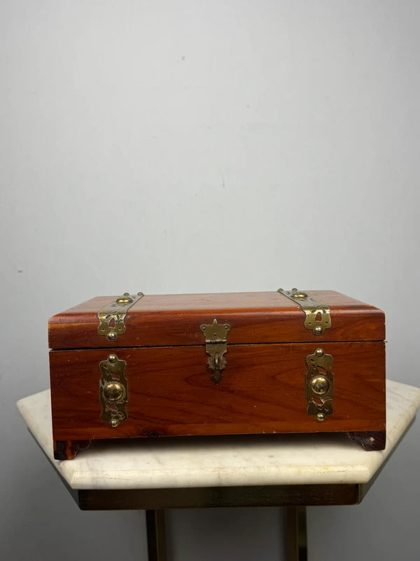 Vintage Wood Jewelry Box Brass Hardware Mini Chest 10.5”