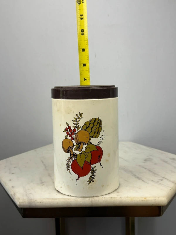 Vintage 1970s Kitchen Canister Vegetable Mushroom Art Brown Lid Retro Decor