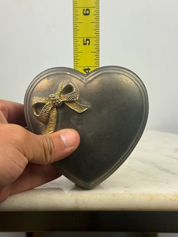 Vintage Heart Shaped Metal Trinket Box Gold Bow Jewelry Box