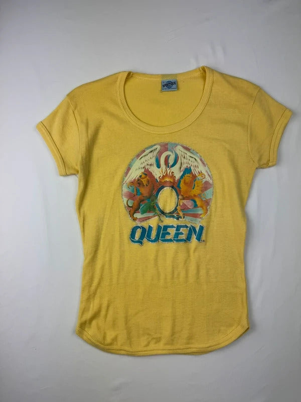 Vintage 1990s Queen Band T-Shirt Yellow Freddie Mercury Crest Graphic Size L
