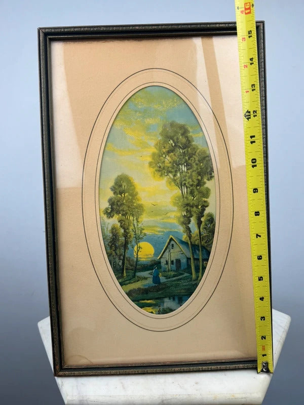 Vintage Framed Oval Landscape Print Cottage Sunset Trees Rustic Wall Art