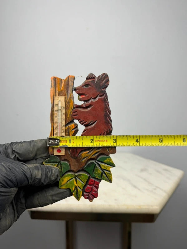 Vintage Hand Carved Wooden Bear Thermometer Rustic Cabin Lodge Wall Decor