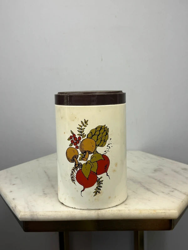 Vintage 1970s Kitchen Canister Vegetable Mushroom Art Brown Lid Retro Decor