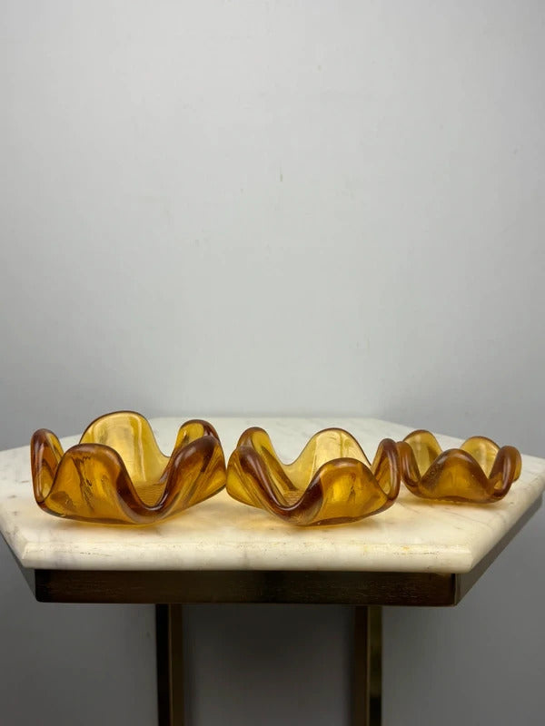 Vintage Amber Glass Nesting Ashtrays Set of 3 MCM Ruffled Petal Dishes