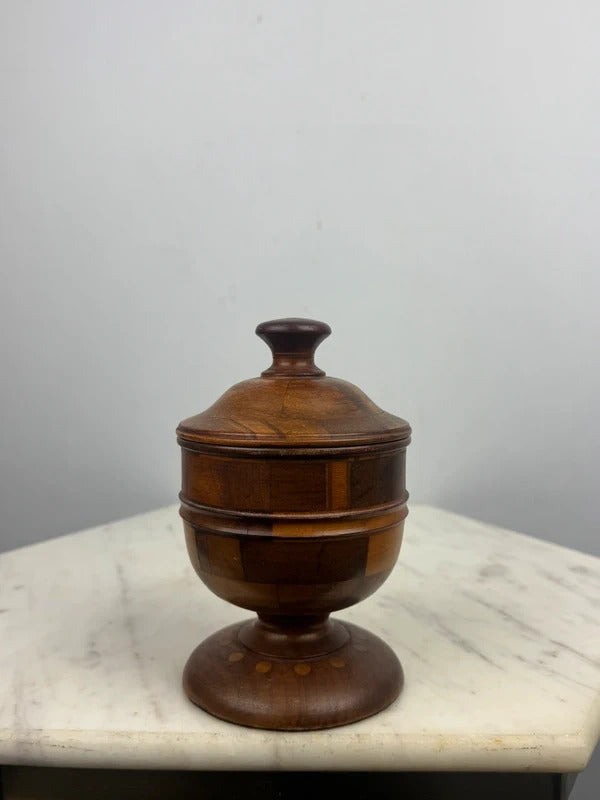 Vintage Wood Marquetry Lidded Compass/Urn Jar Pedestal Base