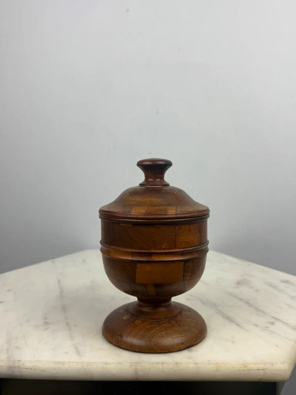 Vintage Wood Marquetry Lidded Compass/Urn Jar Pedestal Base