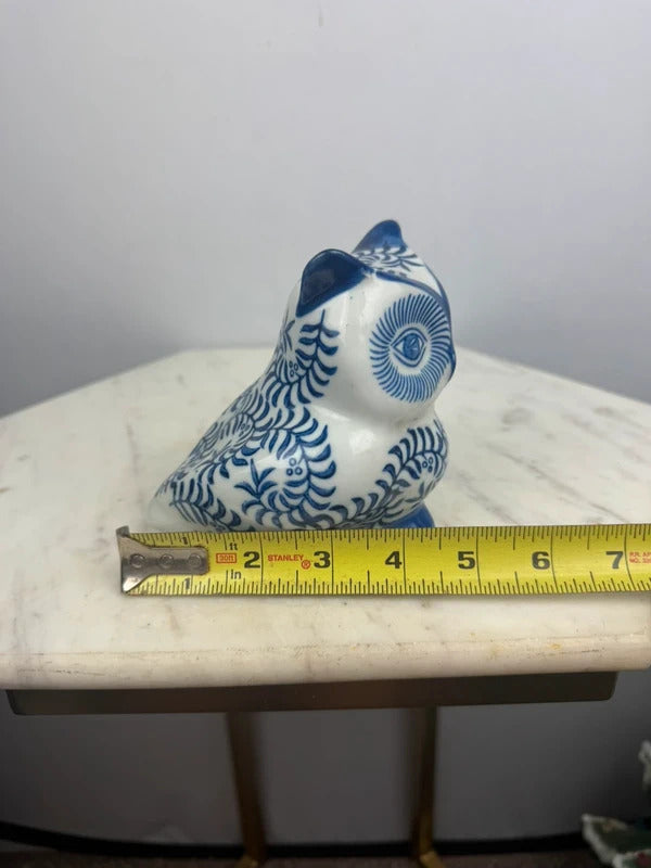 Vintage Blue & White Ceramic Owl Figurine Chinoiserie Style Decor