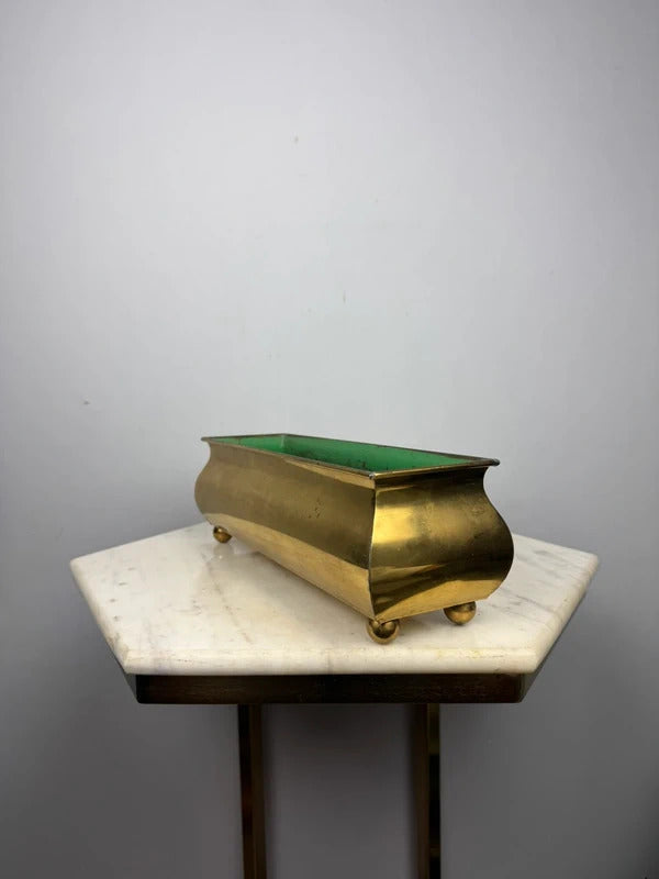 Vintage Brass-Tone Metal Planter Box Hollywood Regency Footed Jardiniere