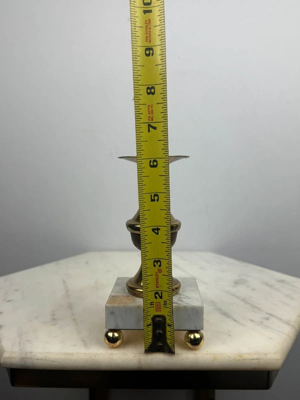 Vintage Brass Candlestick Holders Pair Marble Base Ball Feet Wood Accent