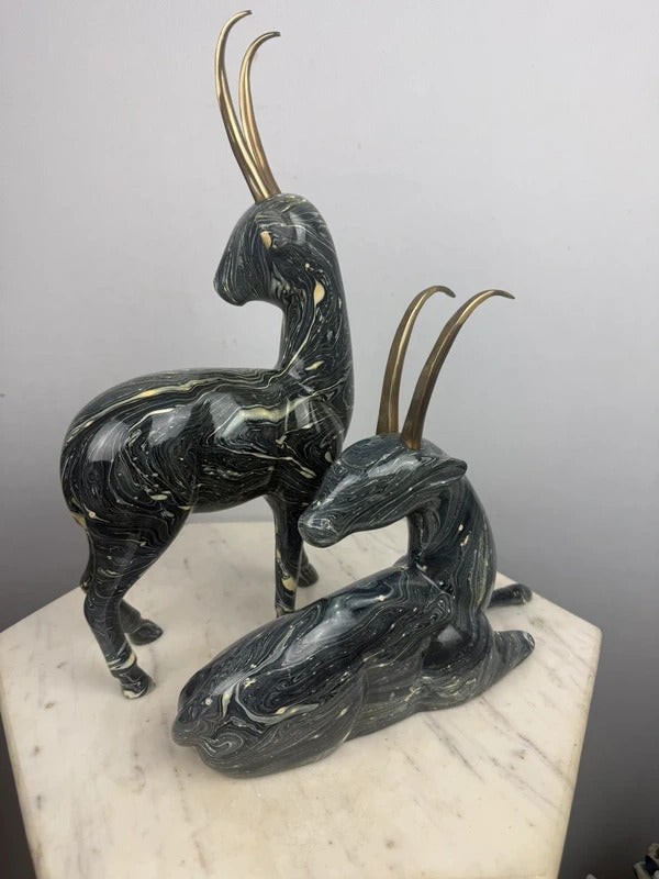 post modern Pair of Marbled Gazelle / Antelope Figurines - Brass Horns